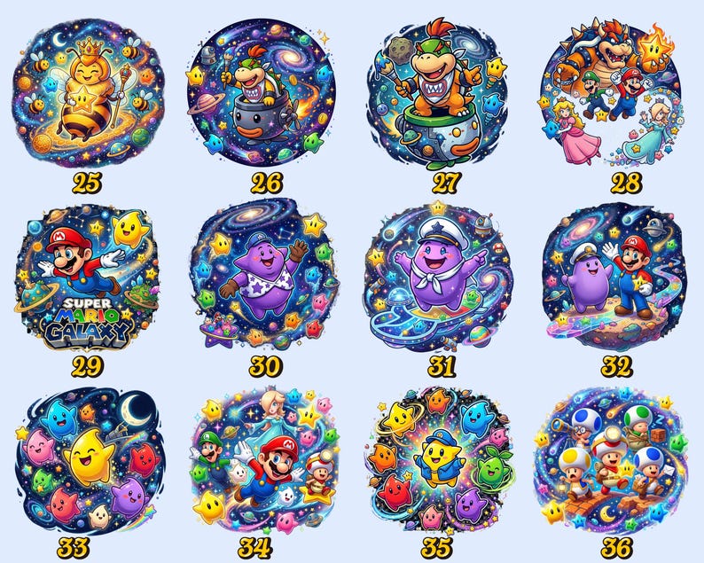 Pu&ograve; includere: Una collezione di dodici illustrazioni circolari e colorate con personaggi della serie di videogiochi Super Mario. Ogni design &egrave; ambientato su uno sfondo cosmico con stelle e pianeti. I numeri 25-36 sono visualizzati sotto ogni immagine.
