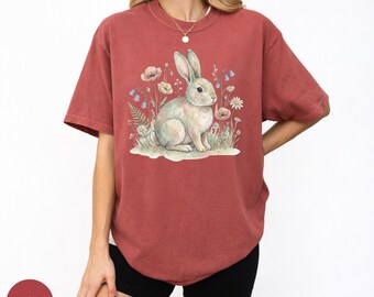 Camisa con estampado floral de conejito, camiseta con estampado de conejo de Pascua, regalo cottagecore de primavera para ella