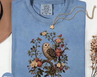 Camiseta con diseño de búho floral Comfort Colors - Camiseta gráfica vintage cottagecore
