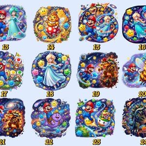 Pu&ograve; includere: Una collezione di illustrazioni circolari colorate con personaggi della serie di videogiochi Super Mario. Ogni design presenta Mario, la Principessa Peach e altri personaggi in uno stile vivace e cartoonesco, circondati da stelle e sfondi cosmici.