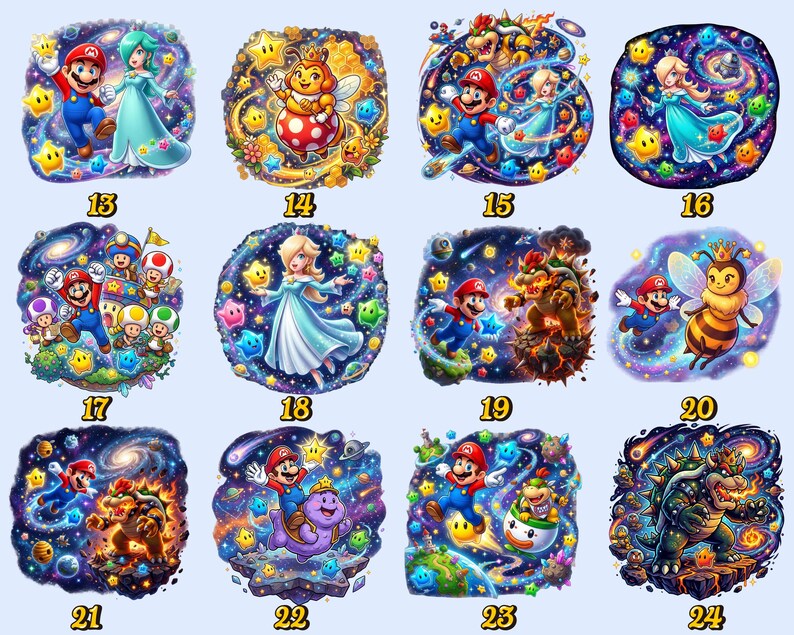 Pu&ograve; includere: Una collezione di illustrazioni circolari colorate con personaggi della serie di videogiochi Super Mario. Ogni design presenta Mario, la Principessa Peach e altri personaggi in uno stile vivace e cartoonesco, circondati da stelle e sfondi cosmici.