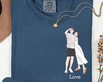 Camiseta gráfica de pareja con colores cómodos, camiseta romántica ilustrada, regalo de aniversario