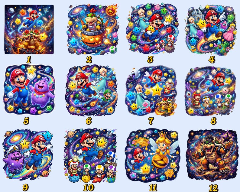 Pu&ograve; includere: Una collezione di dodici vivaci stampe d'arte digitale quadrate con personaggi della serie di videogiochi Super Mario. Ogni stampa mostra una scena diversa con Mario, Bowser, la Principessa Peach e altri personaggi in un'ambientazione cosmica colorata.