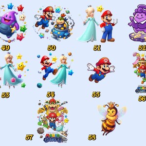 Pu&ograve; includere: Una collezione di illustrazioni di personaggi dei cartoni animati colorati, tra cui Mario, la Principessa Peach e altri personaggi della serie Super Mario Galaxy. Ogni immagine &egrave; numerata, con una variet&agrave; di pose e ambientazioni, e un'ape con una corona.