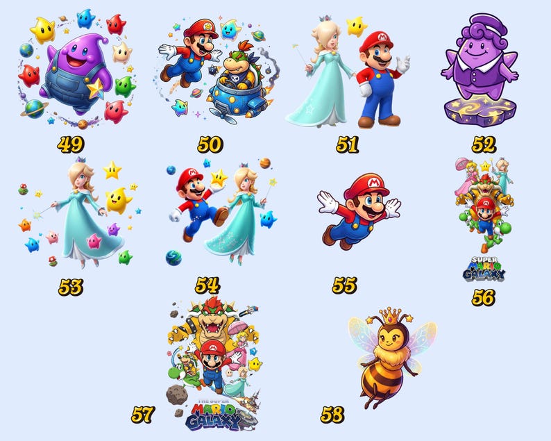 Pu&ograve; includere: Una collezione di illustrazioni di personaggi dei cartoni animati colorati, tra cui Mario, la Principessa Peach e altri personaggi della serie Super Mario Galaxy. Ogni immagine &egrave; numerata, con una variet&agrave; di pose e ambientazioni, e un'ape con una corona.