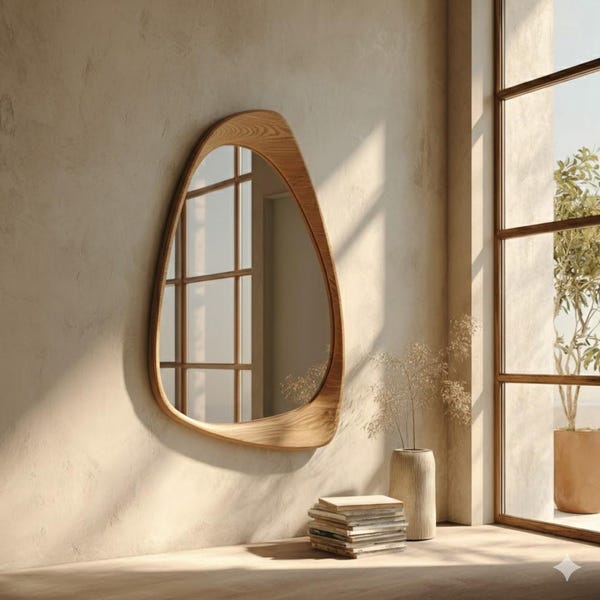 Wandspiegel biologisch walnotenhout – asymmetrische houten spiegel, Japandi Wabi Sabi-decor, handgemaakte moderne statementspiegel