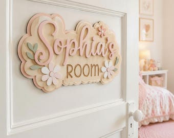 Personalized Floral Wooden Door Sign for Girls Room, Custom Baby Name Nursery Sign, Pastel Flower Kids Bedroom Decor