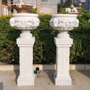 Könnte beinhalten: Zwei weiße Marmor-Pflanzgefäße mit aufwendigen Schnitzereien. Jedes Pflanzgefäß hat eine breite Schale mit Reliefschnitzereien von Tieren und Trauben, die von einem geriffelten Sockel getragen wird. Die Sockel sind mit floralen Mustern verziert.