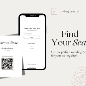 以下が含まれることがあります： 「Find Your Seat」のテキストが入った白いカードとスマートフォンが明るい背景に表示されています。スマートフォンの画面には座席表アプリのインターフェースが表示されています。カードにはQRコードが含まれています。