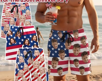 Custom Face American Flag Swim Trunks, Personalized Patriotic Shorts