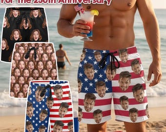 Custom Face American Flag Swim Trunks, Personalized Patriotic Shorts
