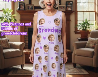 Personalized Grandma Nightgown with Grandkids Faces, Custom Pajama Dress with Face, Mother's Day Gift