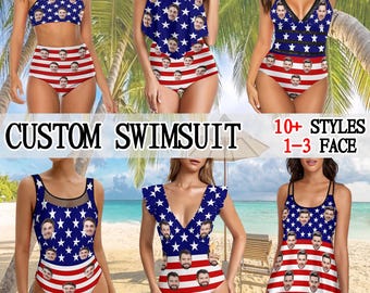 Custom Face American Flag Swimsuit, Personalized Photo One-Piece July 4th Swimwear