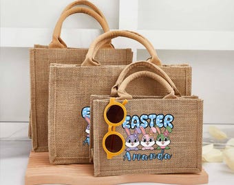 Personalized Easter Bunny Jute Tote Bag, Kids Burlap Gift Bag