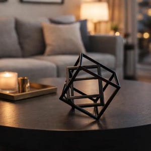 Może przedstawiać: Czarna geometryczna metalowa rzeźba na ciemnobrązowym okrągłym stoliku kawowym. Zapalona świeca w szklanym pojemniku i mały złoty pojemnik na złotej tacy. Szara sofa i oprawione dzieła sztuki w tle.