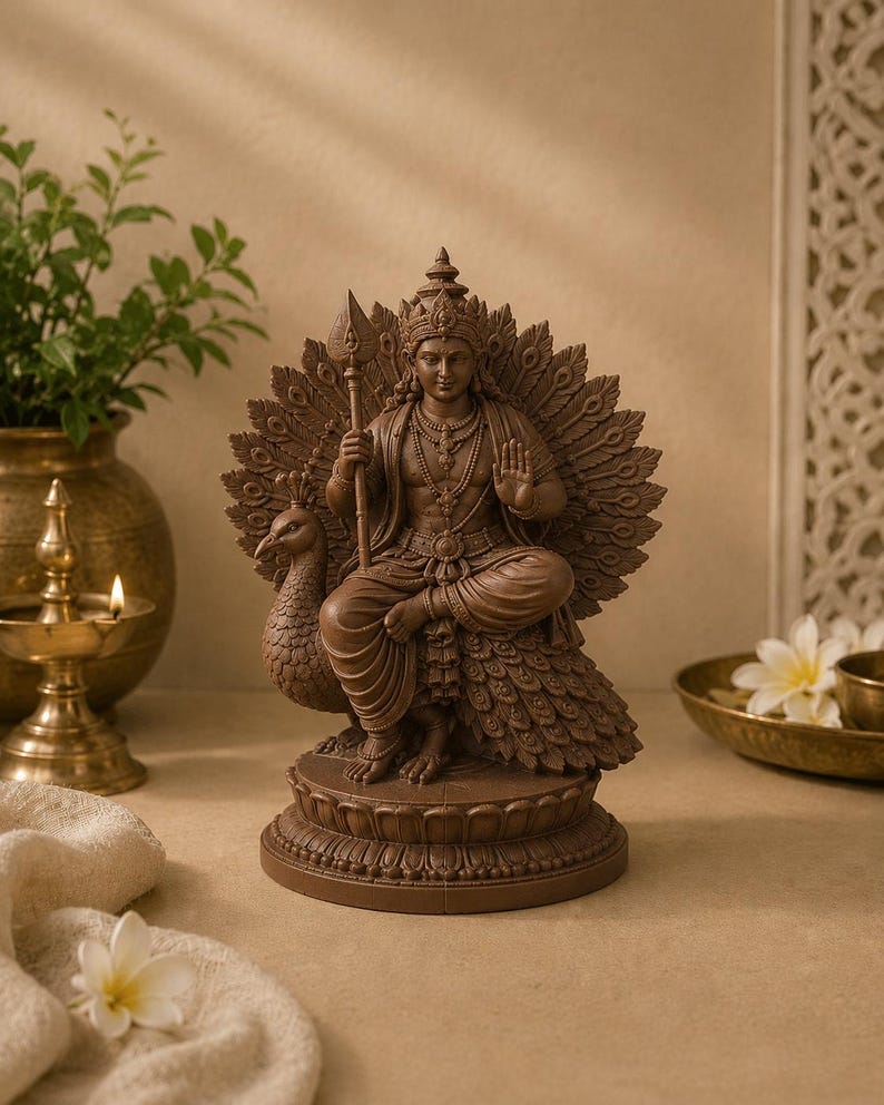 May include: A brown statue of a deity seated on a peacock, holding a spear. The statue has intricate details, including a crown and jewelry. The peacock's feathers form a backdrop. The statue is on a round base.