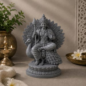 May include: A gray statue of a deity seated on a peacock, holding a spear. The statue features intricate details, including a crown, jewelry, and a detailed peacock feather backdrop. The statue is on a round base.