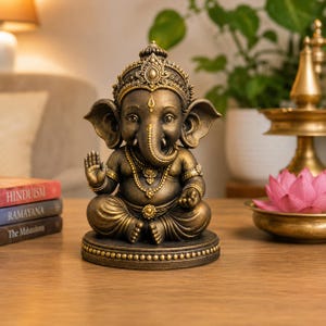 Könnte beinhalten: Eine bronzefarbene Statue der Gottheit Ganesha, die im Schneidersitz auf einem runden Sockel sitzt. Die Figur hat einen Elefantenkopf, verzierten Schmuck und eine Krone, wobei eine Hand zum Segen erhoben ist und die andere ruht.