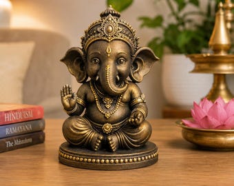 Baby Ganesha Idol, 3 Inch Black Gold Resin Statue, Car Dashboard Decor