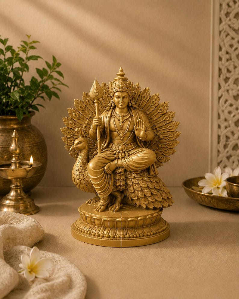 May include: A golden statue of a deity seated on a peacock, holding a spear. The statue is adorned with a crown and jewelry, set against a neutral background. The peacock's feathers fan out behind the figure.