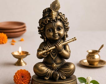 Resin Baby Krishna Statue, Flute Playing Laddu Gopal Idol, Desk Mandir Decor