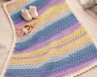 Handmade Crochet Baby Blanket – Tapered Cocoon Wrap, Pastel Stripes, Heirloom Quality