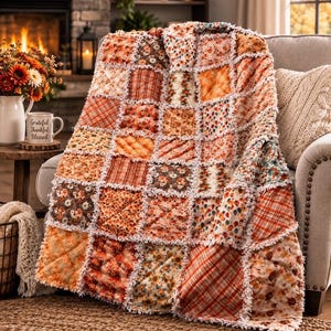 May include: A rag quilt featuring a patchwork of square fabric blocks in shades of orange, brown, and cream. The quilt displays various patterns including plaid, floral, and autumn-themed prints with frayed, exposed seams between each square.