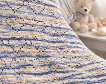 Handmade Crochet Baby Blanket: Blue Neutral Heirloom with Heart Stitch