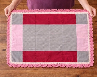 Handmade Quilted Table Topper with Crochet Lace Edge