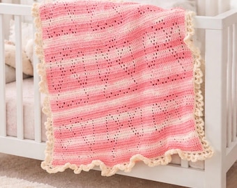 Handmade Filet Crochet Angel Baby Blanket – Pink Cream Lace Halo Edge Keepsake