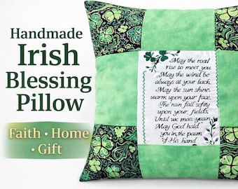 Handmade Irish Blessing Pillow, Celtic Shamrock Decor