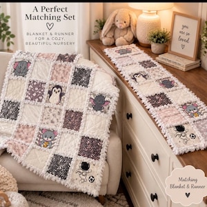 May include: A matching rag quilt blanket and table runner set featuring a patchwork design with cream, grey, and pink squares. The fabric squares display illustrations of an elephant, penguin, bat, mouse, and astronaut. The text reads A Perfect Matching Set.