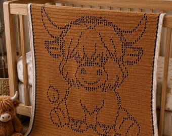 Highland Cow Crochet Baby Blanket • Western Nursery Blanket • Rustic Farmhouse Baby Shower Gift • Handmade Heirloom Throw