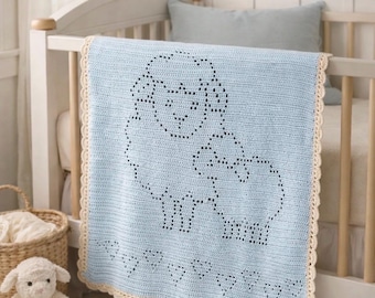 Hand-Crocheted Lamb Baby Blanket • Ice Blue, Cream Edging, Nursery Gift