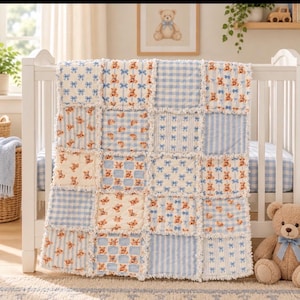 Blue Teddy Bear Rag Quilt, Handmade Baby Blanket