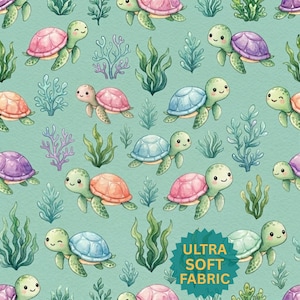 Tessuto con motivo tartarughette pastello e tema oceano (cotone Pima) Decorazione per la cameretta a tema vita marina