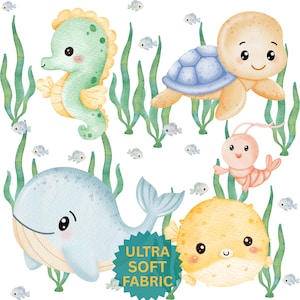 Baby Sea Creatures Pattern Fabric (Cotton Pima) Watercolor Turtle Seahorse Whale Pufferfish Nursery Decor