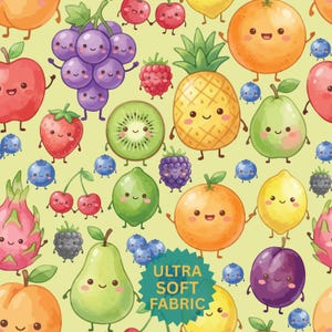 Tecido com estampa de frutas kawaii (algodão pima) para patchwork, enxoval infantil e decoração de quarto de bebê.