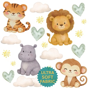 Tessuto per cameretta con motivo animali della savana (cotone Pima pettinato) - Decorazione per la cameretta: tigre, scimmia, leone, ippopotamo