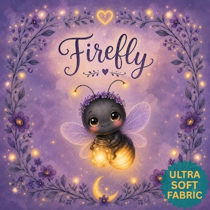 Little Firefly with Jar 9"×9" Fabric Quilt Panel Watercolor Animal Glow Bug Baby Nursery