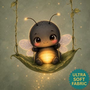 May include: A fuzzy, dark-colored insect character with large brown eyes and glowing antennae sits on a green leaf swing suspended by vines. The insect has translucent wings and a glowing yellow abdomen. A teal badge reads ULTRA SOFT FABRIC.