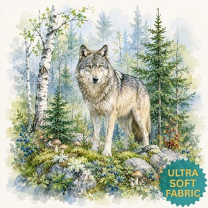 May include: A fabric print featuring a grey and brown wolf standing on a mossy, rocky forest floor with mushrooms and blueberries. The background shows a watercolour forest with birch and pine trees. A teal starburst label reads ULTRA SOFT FABRIC.