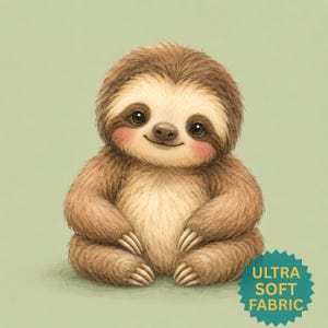May include: A watercolor illustration of a smiling sloth with brown fur, a cream-colored face, and pink cheeks. The sloth is sitting on a light green background. A teal badge with the words "ULTRA SOFT FABRIC" is in the lower right corner.
