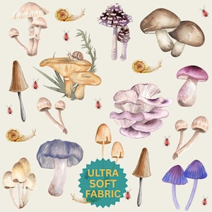 Botanical Mushroom Pattern Fabric (Cotton Pima) Watercolor Woodland Forest Decoration