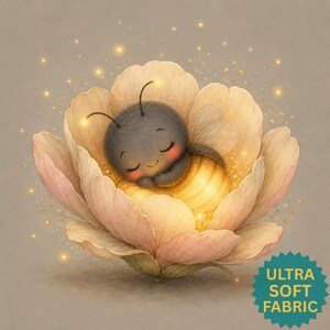 May include: A digital illustration of a fuzzy, gray-bodied bee with closed eyes sleeping inside a large, pale pink flower. The bee has a glowing yellow abdomen and antennae tips, surrounded by golden sparkles. Text reads: ULTRA SOFT FABRIC.
