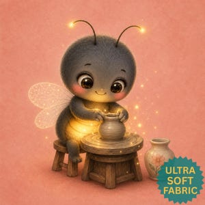 May include: A fuzzy, dark gray insect character with large brown eyes and glowing antennae sits on a wooden stool, shaping a small clay pot on a pottery wheel. A second small vase with a floral design sits nearby. Text reads: ULTRA SOFT FABRIC.