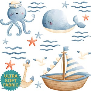Nautical Sea Creatures Pattern Fabric (Cotton Pima) Ocean Summer Watercolor Nursery Whale Octopus