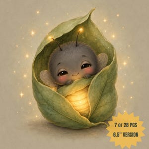 May include: A fuzzy gray bee with large dark eyes and pink cheeks nestled inside a green leaf. The bee has glowing antennae and a luminous abdomen. A yellow starburst graphic in the corner displays the text 7 or 28 PCS 6.5" VERSION.