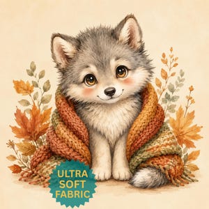 Autumn Wolf 9"×9" Fabric Quilt Panel (Cotton Pima) Fall Watercolor Woodland Animal Baby Nursery