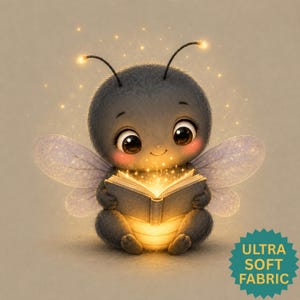 May include: A fuzzy, dark gray insect character with large, expressive brown eyes and translucent wings, holding an open book that emits a warm, golden glow. Two antennae extend from its head, and the text "ULTRA SOFT FABRIC" appears in a teal badge.